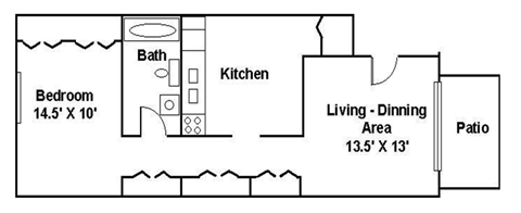 Floor plan for 1 bed, 1 bath, 800 sqft